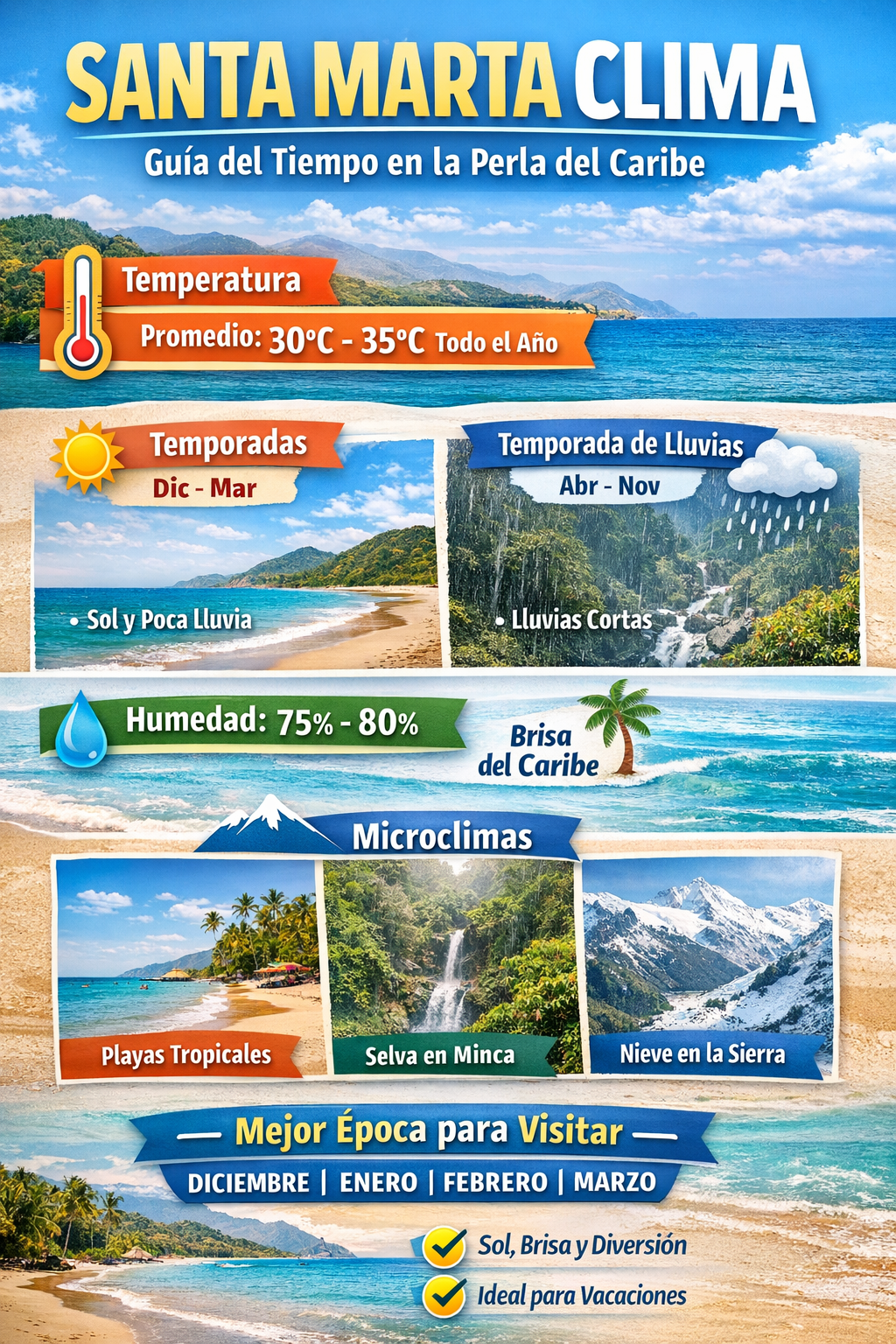 Infografía del clima de Santa Marta con temperaturas promedio de 30°C a 35°C, temporada seca de diciembre a marzo, temporada de lluvias de abril a noviembre, humedad del 75-80% y microclimas de la Sierra Nevada de Santa Marta.
